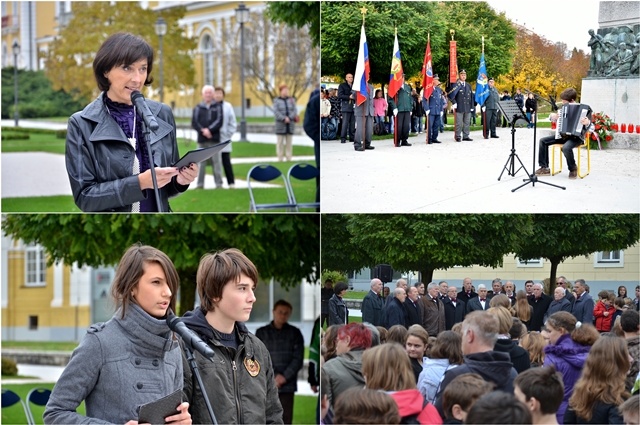 Zgoraj: mag. Klaudija Redenšek, ki je povezovala program in Luka Prah na harmoniki; spodaj: Vanesa Kidrič in Oskar Rojs ter pevski zbor 